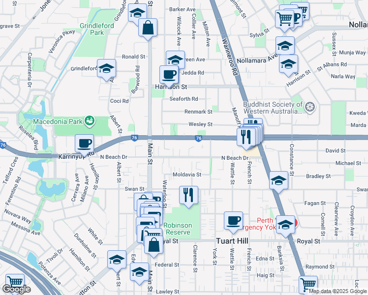 map of restaurants, bars, coffee shops, grocery stores, and more near 5 Leslie Place in Tuart Hill