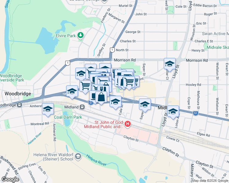 map of restaurants, bars, coffee shops, grocery stores, and more near 280 Great Eastern Highway in Midland