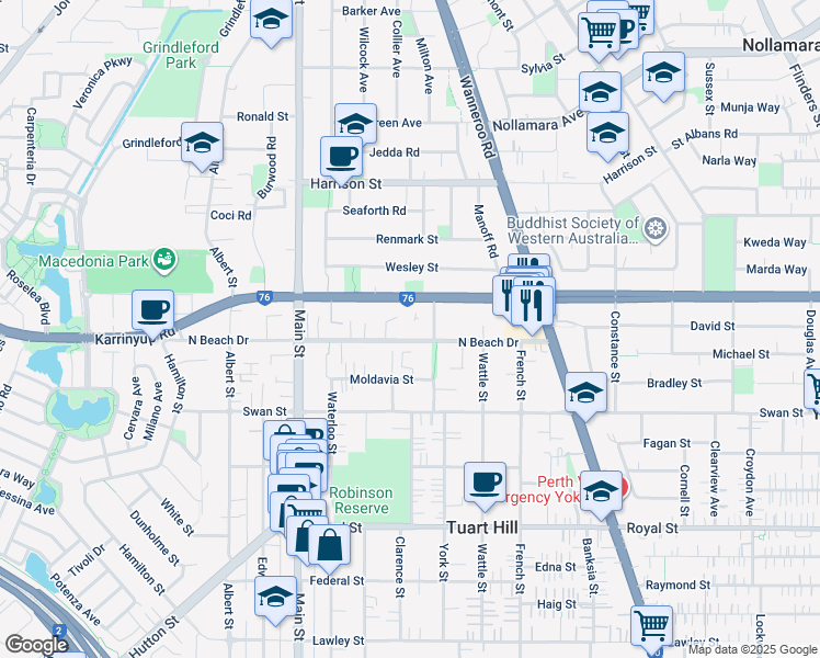 map of restaurants, bars, coffee shops, grocery stores, and more near 189 North Beach Drive in Tuart Hill