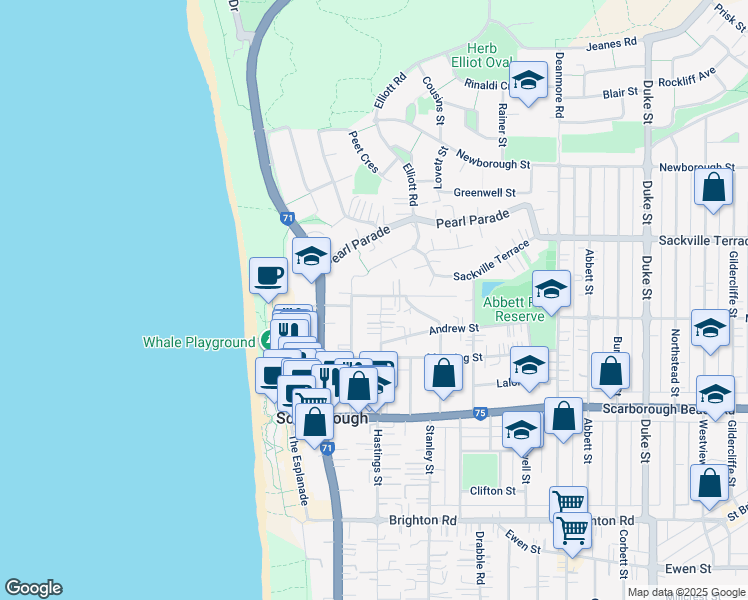 map of restaurants, bars, coffee shops, grocery stores, and more near 1 Edgehill Street in Scarborough
