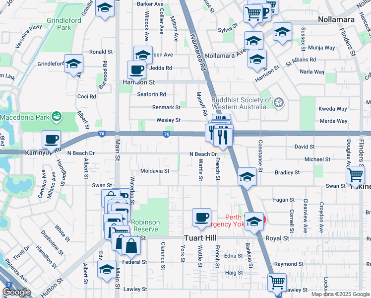 map of restaurants, bars, coffee shops, grocery stores, and more near 203 North Beach Drive in Tuart Hill
