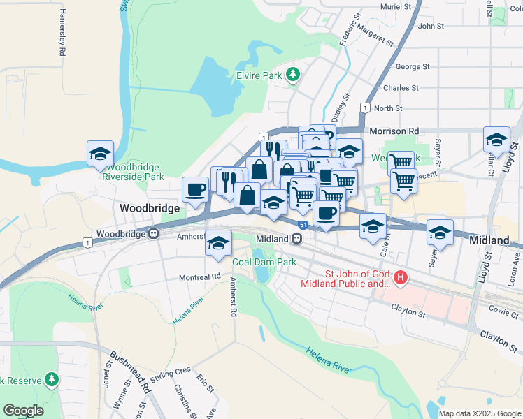 map of restaurants, bars, coffee shops, grocery stores, and more near 309 Great Eastern Highway in Midland