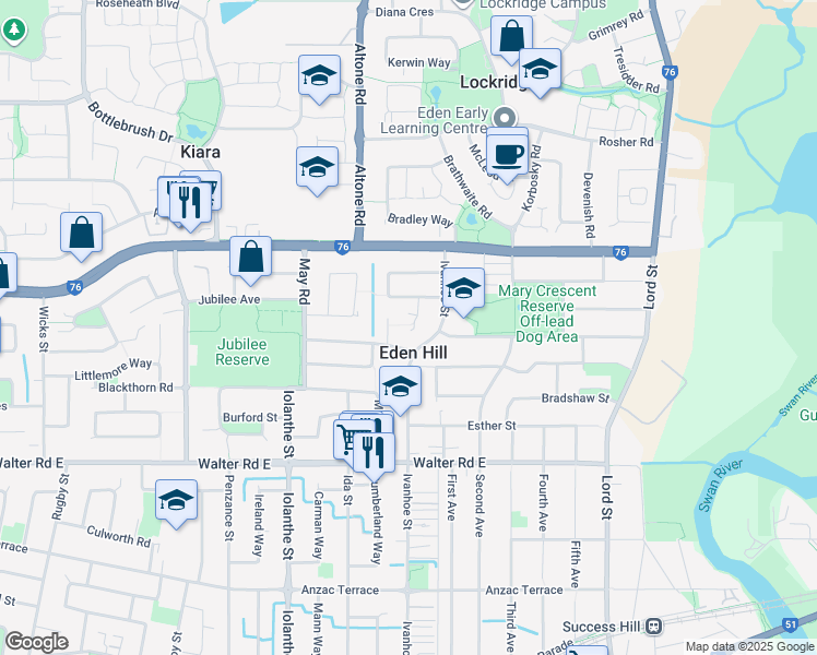 map of restaurants, bars, coffee shops, grocery stores, and more near 2 Cothill Court in Eden Hill