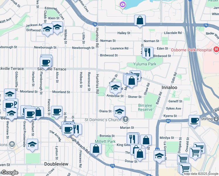 map of restaurants, bars, coffee shops, grocery stores, and more near 1 Escot Road in Innaloo