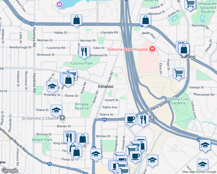 map of restaurants, bars, coffee shops, grocery stores, and more near 121A Odin Road in Innaloo