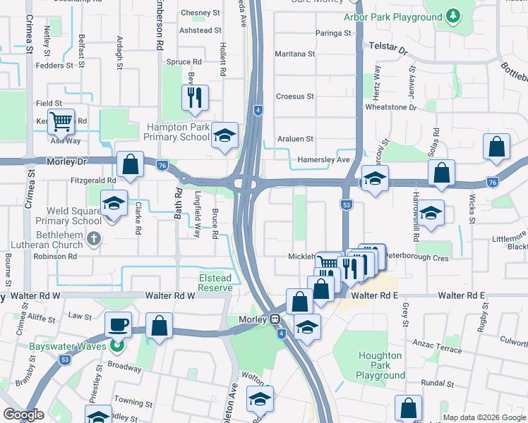 map of restaurants, bars, coffee shops, grocery stores, and more near 14 Gayswood Way in Morley