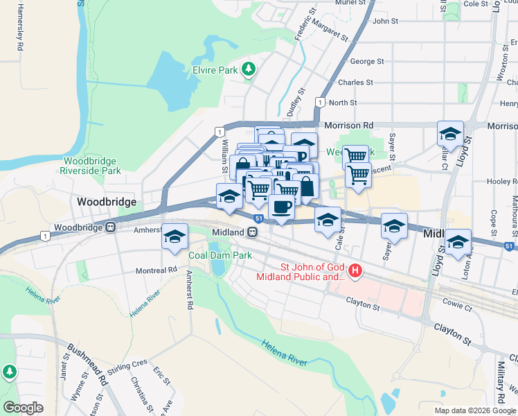 map of restaurants, bars, coffee shops, grocery stores, and more near 309 Great Eastern Highway in Midland
