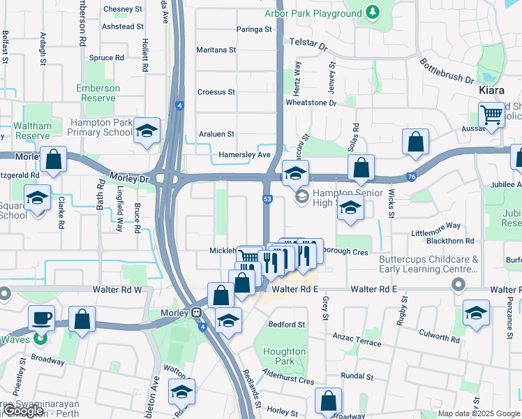 map of restaurants, bars, coffee shops, grocery stores, and more near 291 Beechboro Road North in Morley