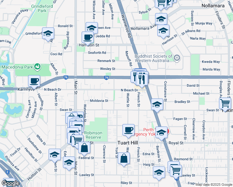 map of restaurants, bars, coffee shops, grocery stores, and more near 198 North Beach Drive in Tuart Hill