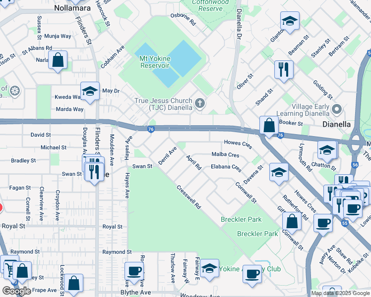 map of restaurants, bars, coffee shops, grocery stores, and more near 15 April Road in Dianella