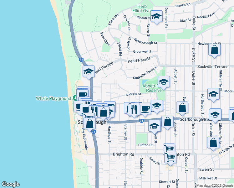 map of restaurants, bars, coffee shops, grocery stores, and more near 10 Andrew Street in Scarborough