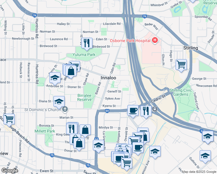 map of restaurants, bars, coffee shops, grocery stores, and more near 105 Odin Road in Innaloo