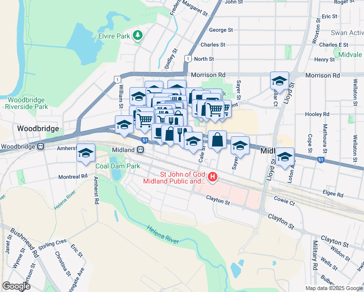 map of restaurants, bars, coffee shops, grocery stores, and more near 59 Victoria Street in Midland