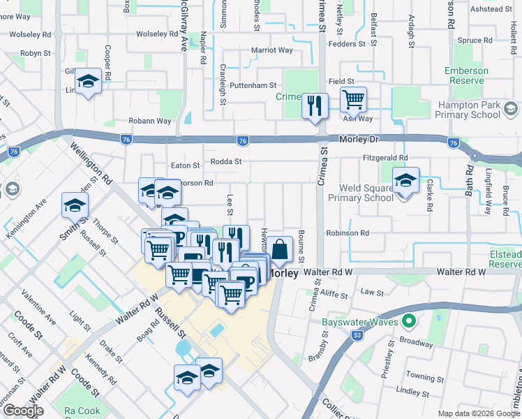 map of restaurants, bars, coffee shops, grocery stores, and more near 27 Hewton Street in Morley