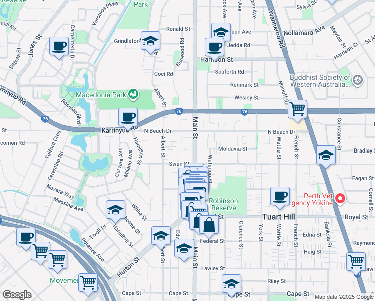 map of restaurants, bars, coffee shops, grocery stores, and more near 267 Main Street in Osborne Park