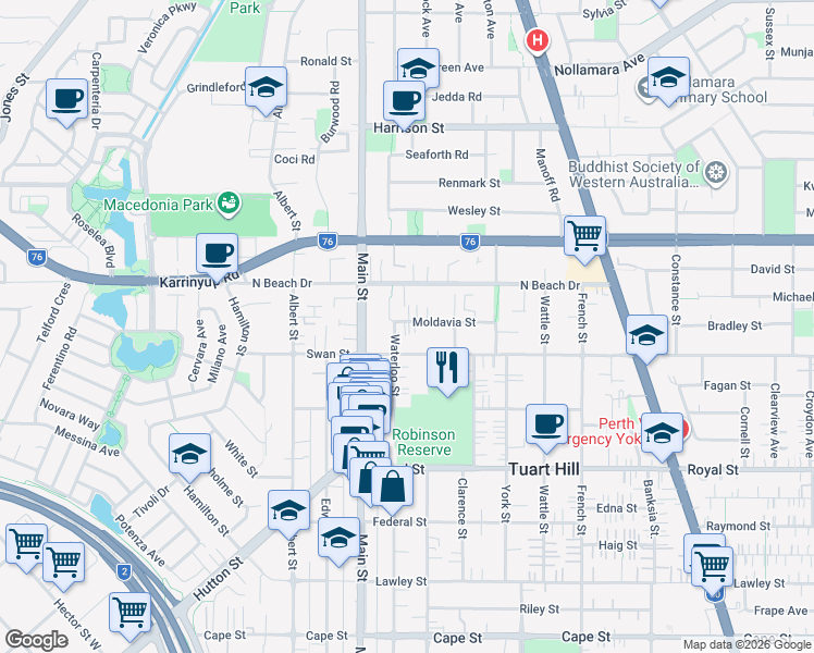 map of restaurants, bars, coffee shops, grocery stores, and more near 222 Waterloo Street in Tuart Hill