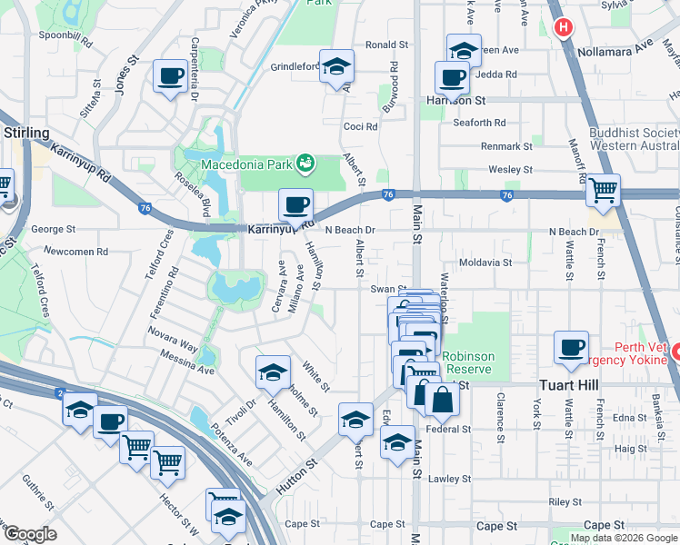 map of restaurants, bars, coffee shops, grocery stores, and more near 21 Swan Street in Osborne Park
