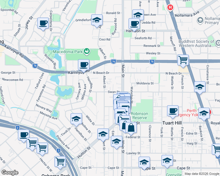 map of restaurants, bars, coffee shops, grocery stores, and more near 27 Swan Street in Osborne Park