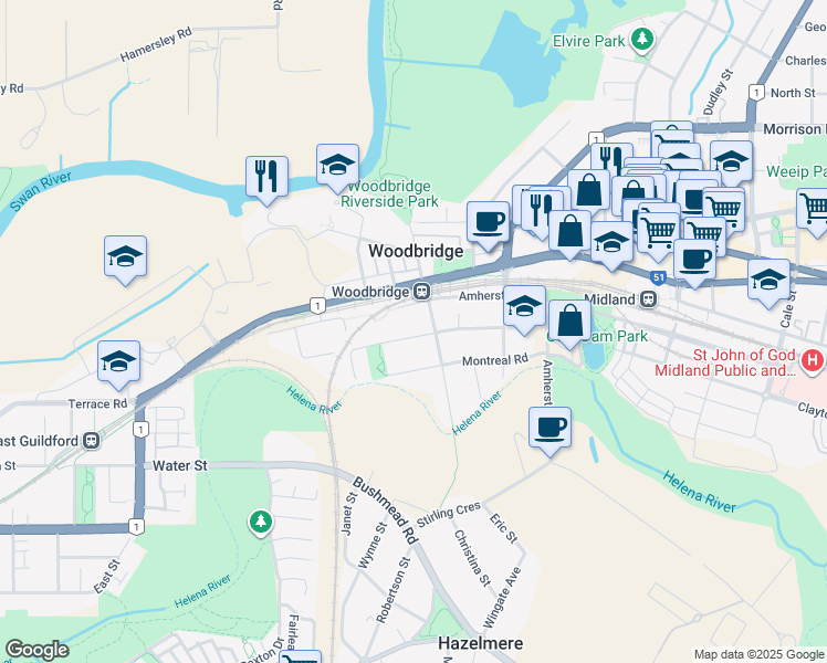 map of restaurants, bars, coffee shops, grocery stores, and more near 28 Holmesdale Road in Woodbridge