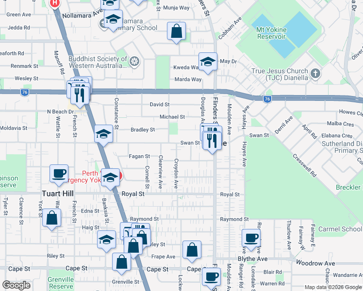 map of restaurants, bars, coffee shops, grocery stores, and more near 44 Croydon Avenue in Yokine