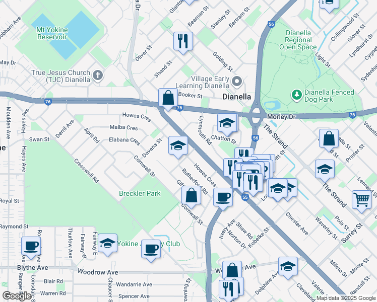map of restaurants, bars, coffee shops, grocery stores, and more near 19 Sutherland Avenue in Dianella