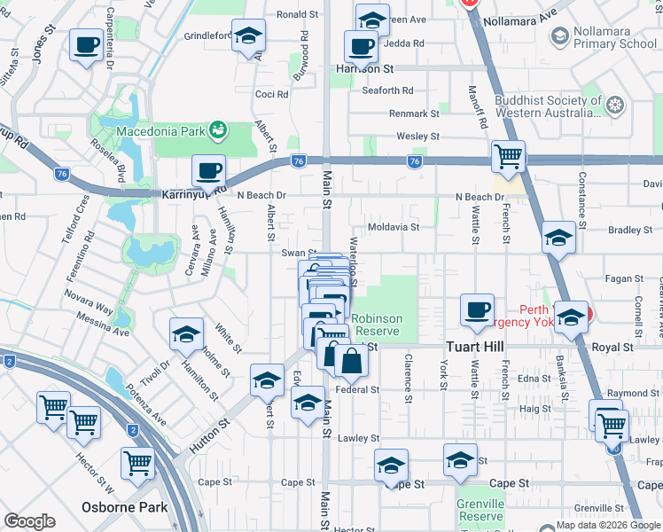 map of restaurants, bars, coffee shops, grocery stores, and more near 256 Main Street in Osborne Park
