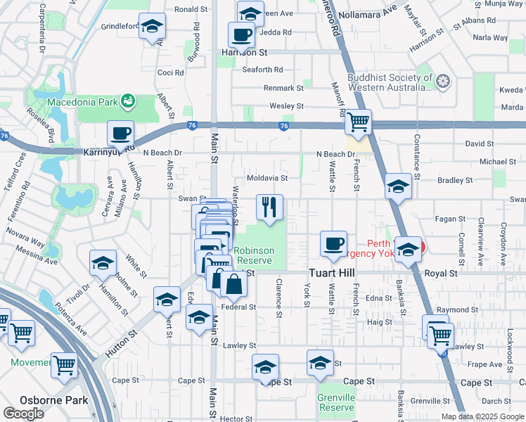 map of restaurants, bars, coffee shops, grocery stores, and more near 186 Tyler Street in Tuart Hill