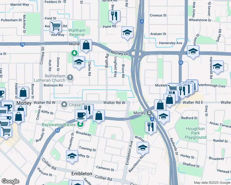 map of restaurants, bars, coffee shops, grocery stores, and more near 10 Elstead Way in Morley