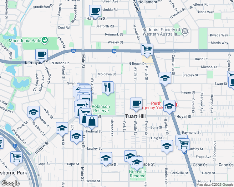 map of restaurants, bars, coffee shops, grocery stores, and more near 30 Park Street in Tuart Hill