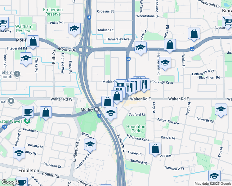 map of restaurants, bars, coffee shops, grocery stores, and more near 14 Linton Place in Morley