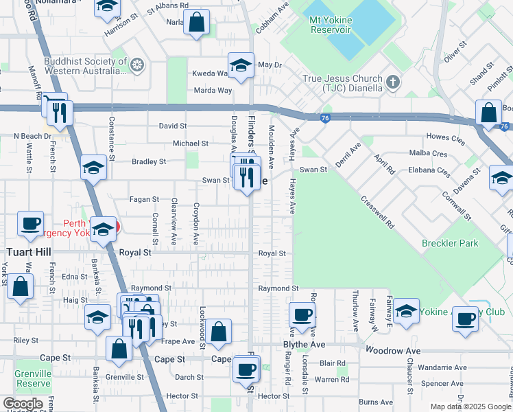 map of restaurants, bars, coffee shops, grocery stores, and more near 196 Flinders Street in Yokine