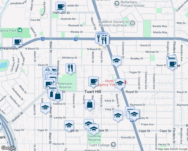 map of restaurants, bars, coffee shops, grocery stores, and more near 72B Wattle Street in Tuart Hill