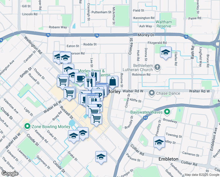 map of restaurants, bars, coffee shops, grocery stores, and more near 299 Walter Road West in Morley