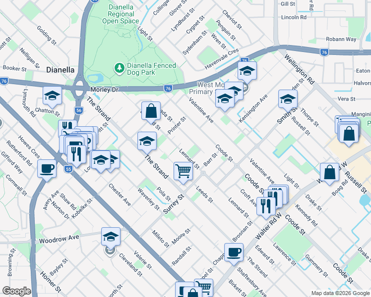 map of restaurants, bars, coffee shops, grocery stores, and more near 444 Lennard Street in Dianella
