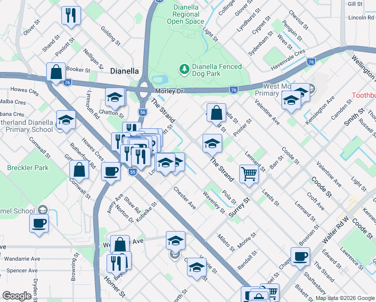 map of restaurants, bars, coffee shops, grocery stores, and more near 126 Pola Street in Dianella