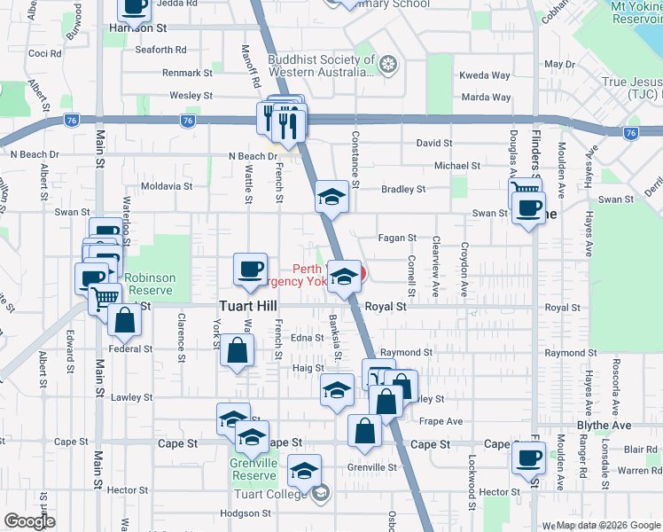 map of restaurants, bars, coffee shops, grocery stores, and more near 149 Wanneroo Road in Tuart Hill