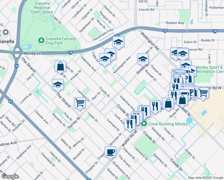 map of restaurants, bars, coffee shops, grocery stores, and more near 53 Valentine Avenue in Dianella