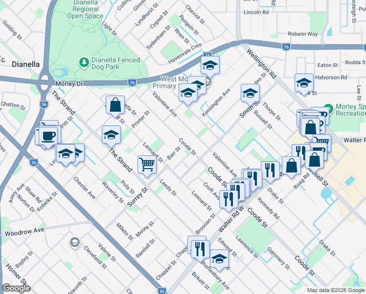 map of restaurants, bars, coffee shops, grocery stores, and more near 385 Coode Street in Dianella