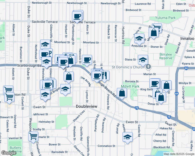 map of restaurants, bars, coffee shops, grocery stores, and more near 255 Woodside Street in Doubleview