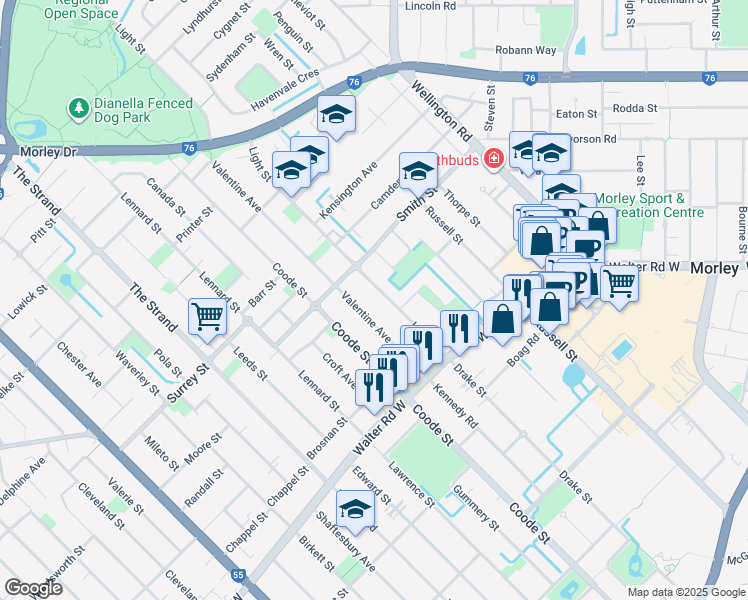 map of restaurants, bars, coffee shops, grocery stores, and more near 387c Light Street in Dianella