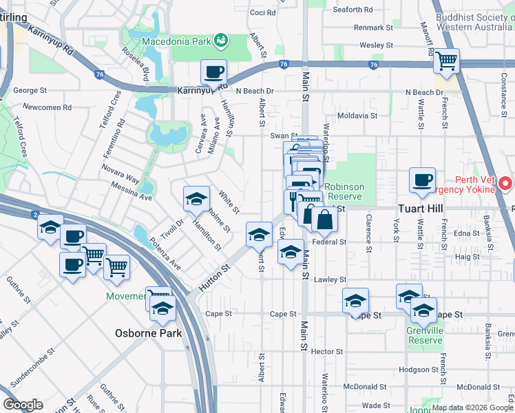 map of restaurants, bars, coffee shops, grocery stores, and more near 183 Albert Street in Osborne Park