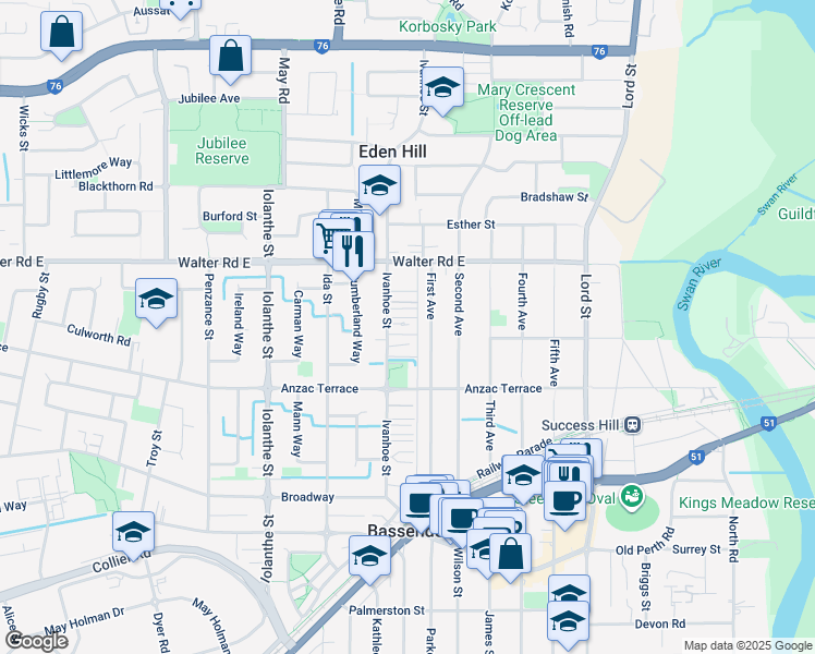 map of restaurants, bars, coffee shops, grocery stores, and more near 60 Ivanhoe Street in Bassendean