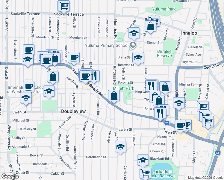 map of restaurants, bars, coffee shops, grocery stores, and more near 275B Huntriss Road in Doubleview