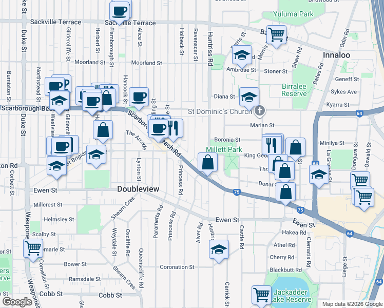 map of restaurants, bars, coffee shops, grocery stores, and more near 277 Ravenscar Street in Doubleview