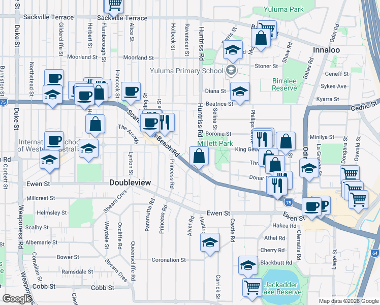 map of restaurants, bars, coffee shops, grocery stores, and more near 282 Ravenscar Street in Doubleview