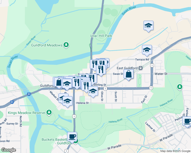 map of restaurants, bars, coffee shops, grocery stores, and more near 19 Sutherland Close North in Guildford