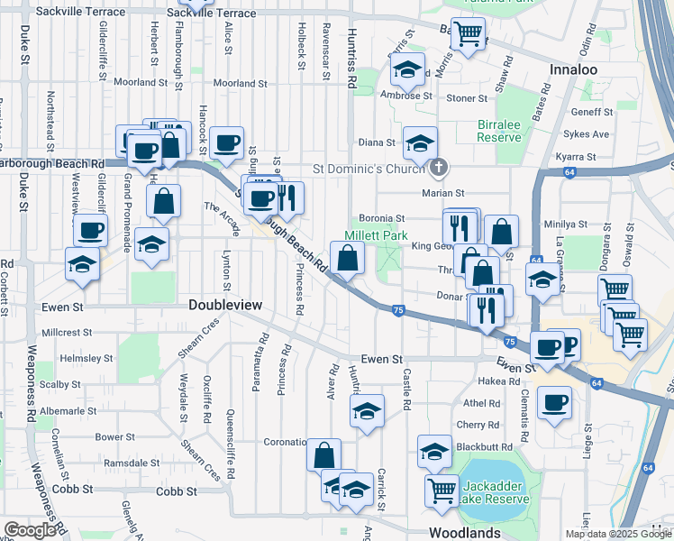 map of restaurants, bars, coffee shops, grocery stores, and more near 296 Scarborough Beach Road in Doubleview