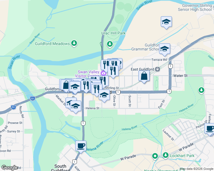 map of restaurants, bars, coffee shops, grocery stores, and more near 5 Sutherland Close South in Guildford