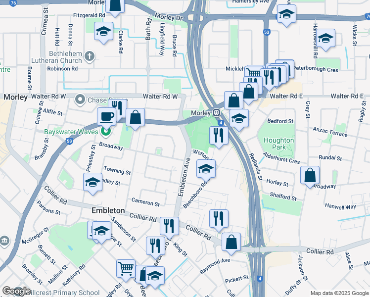 map of restaurants, bars, coffee shops, grocery stores, and more near 51 Embleton Avenue in Embleton