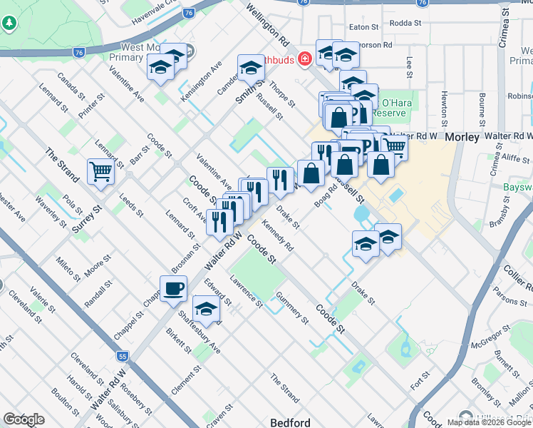 map of restaurants, bars, coffee shops, grocery stores, and more near 184 Walter Road West in Morley